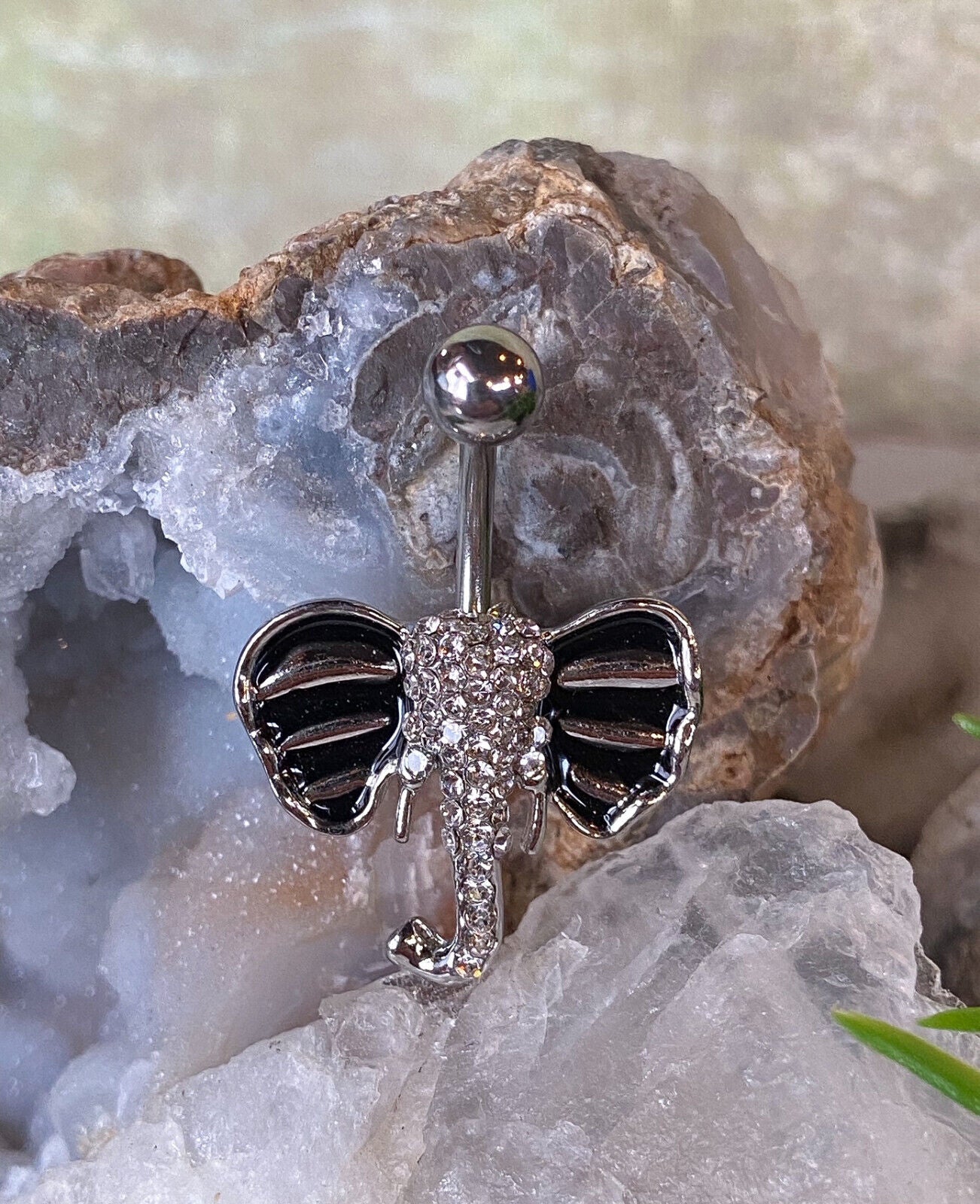 1pc Elephant Belly Ring Pierced Navel Paved Gem Black Enamel Ears Naval Piercing
