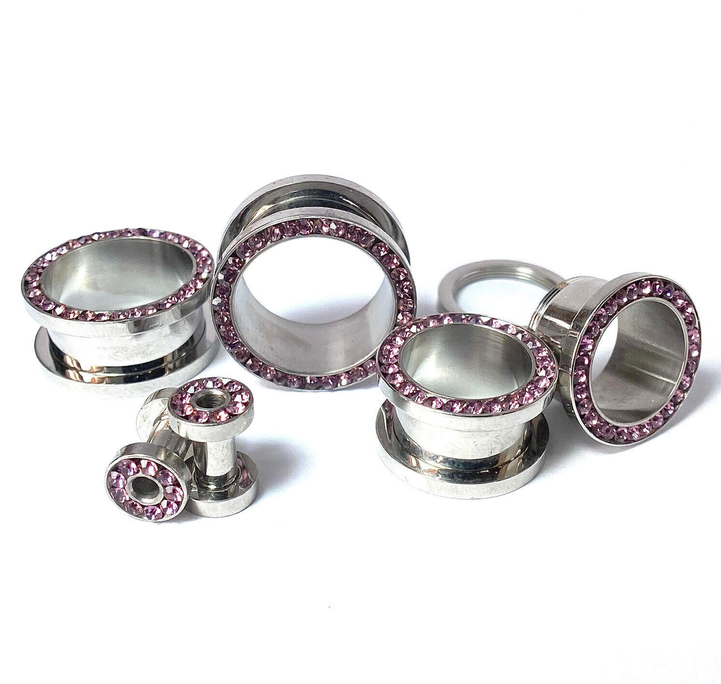 PAIR Lavender CZ Gem Rimmed 316L Surgical Steel Screw Fit Tunnels Plugs Gauges
