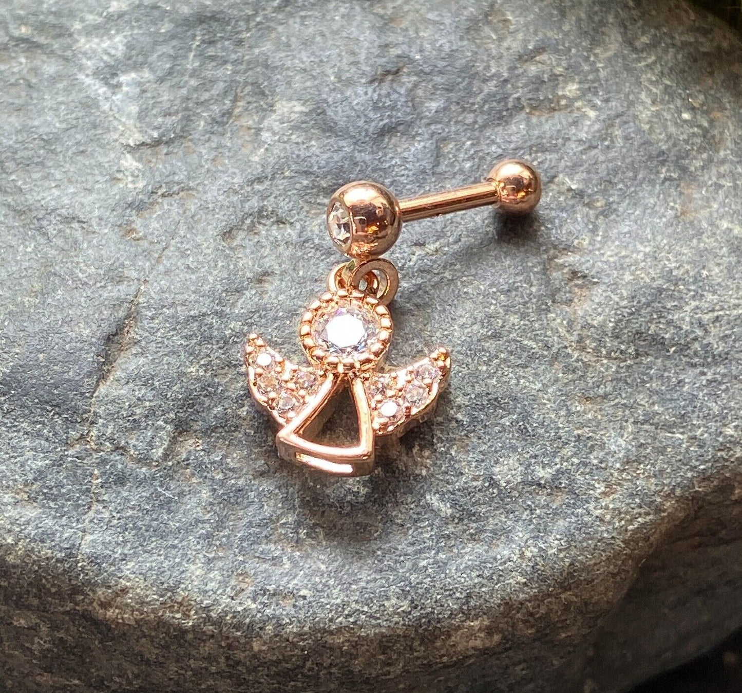 1pc CZ Gem Angel Dangle Surgical Steel Tragus Cartilage Barbell Ring 16g 1/4 (Color: Rose Gold)