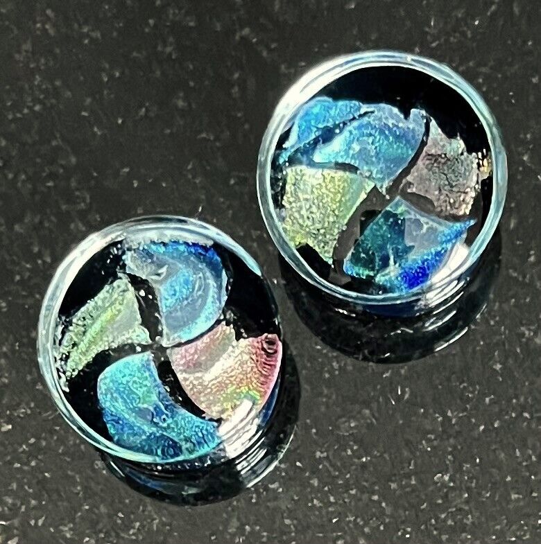 PAIR Patchwork Foil Quarters Glass Double Flare Plugs Tunnels Gauges