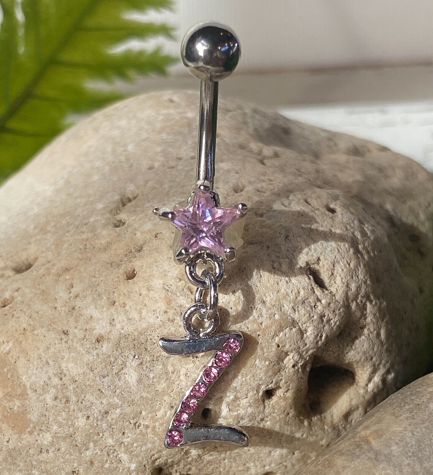 1pc Initial Belly Ring "Metro" Style Pink Gems Navel Naval Letter Body Jewelry (Initial: Z)