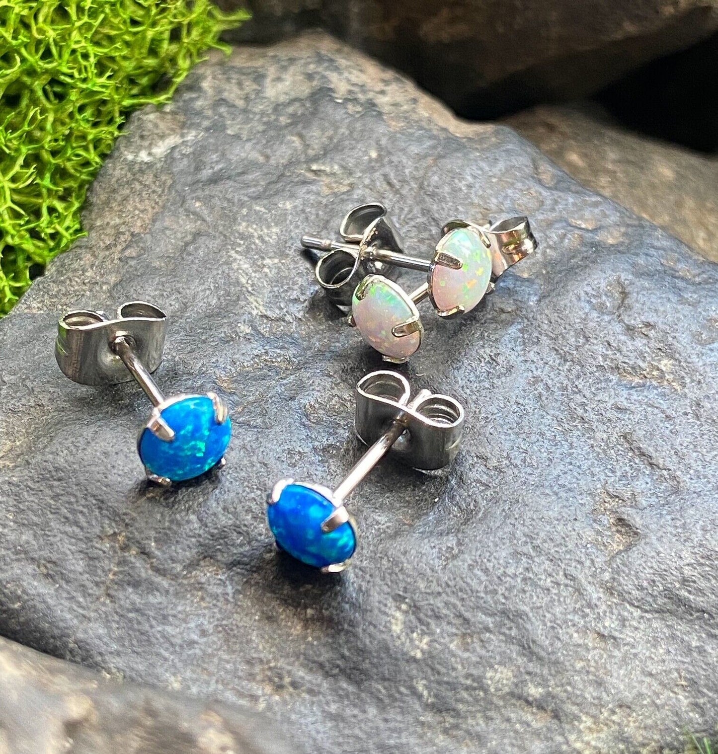 PAIR Prong Set Opal Earrings 316L Surgical Steel - choose from 2 colors, 3 sizes