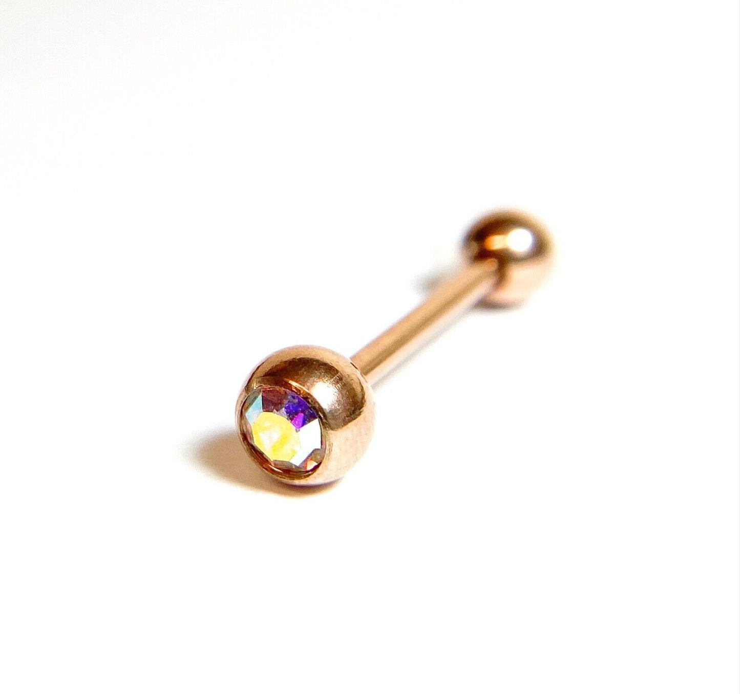 1pc Gem Ball Rose Gold Ion Plated 316L Surgical Steel Tongue Ring Tounge Barbell (Gem Color: Aurora Borealis)