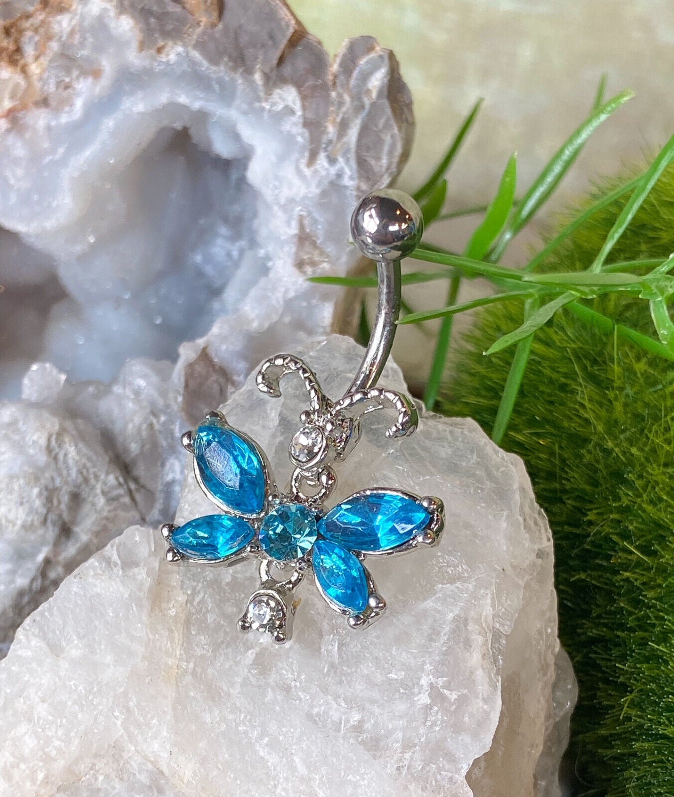1pc Unique Butterfly CZ Gem Belly Ring Navel Piercing Pierced Naval Body Jewelry (Color: Aqua)