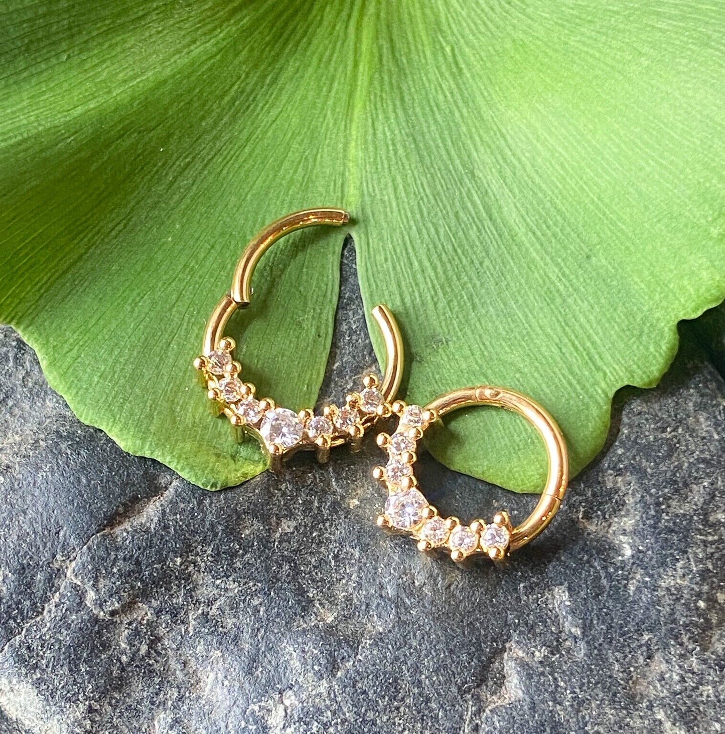 1pc Lined CZ Gem Fan Hinged Segment Ring 16g Septum Clicker Surgical Steel (Color: Gold)