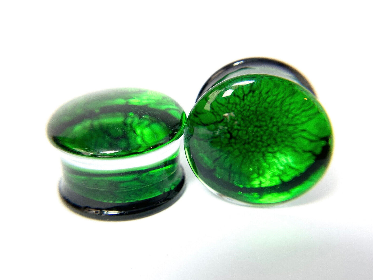 PAIR Green & Black Fracture Design Glass Plugs Double Flare Gauge Body Jewelry