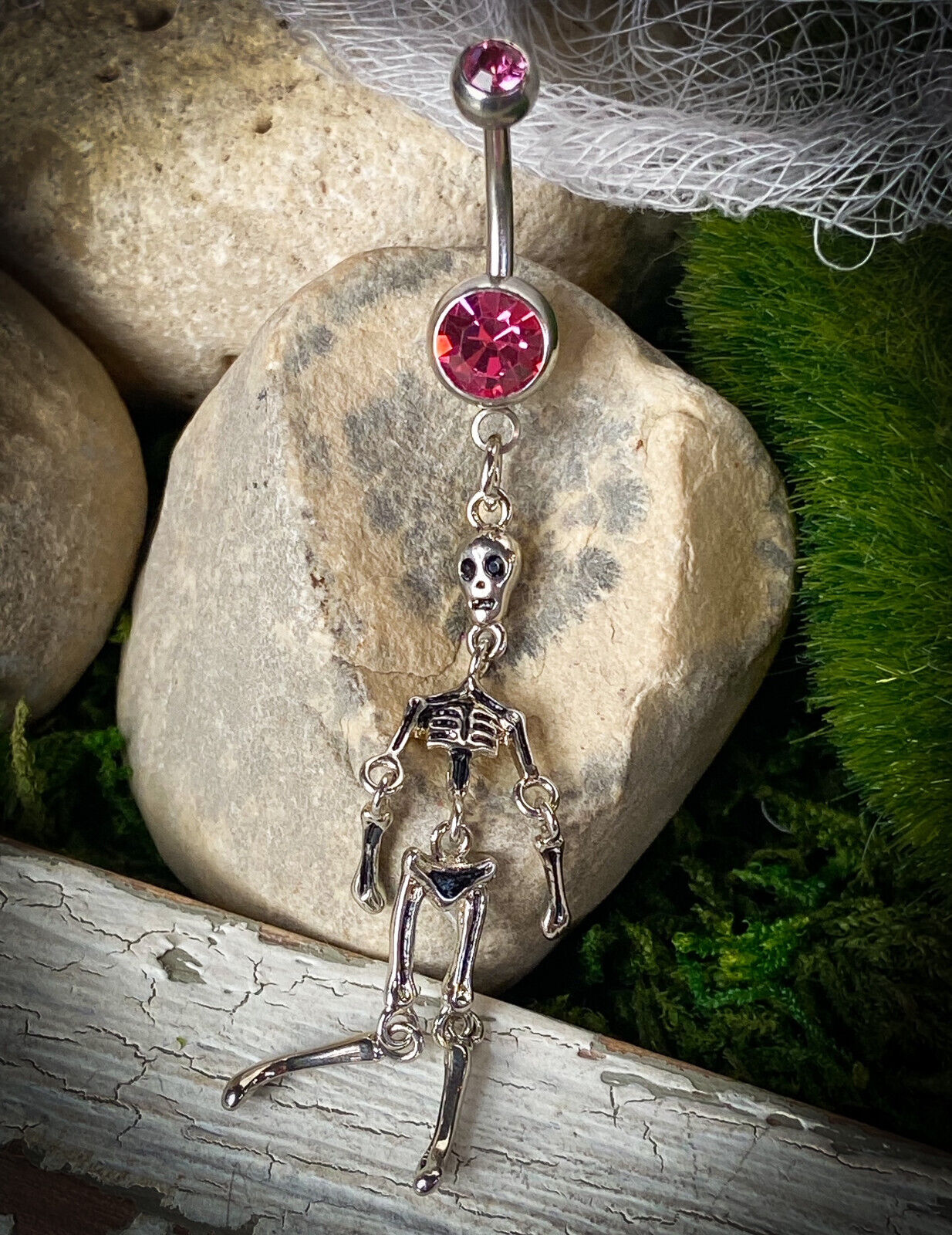 Skeleton Dangle Belly Ring Navel Piercing Pierced Naval Pink CZ Gem