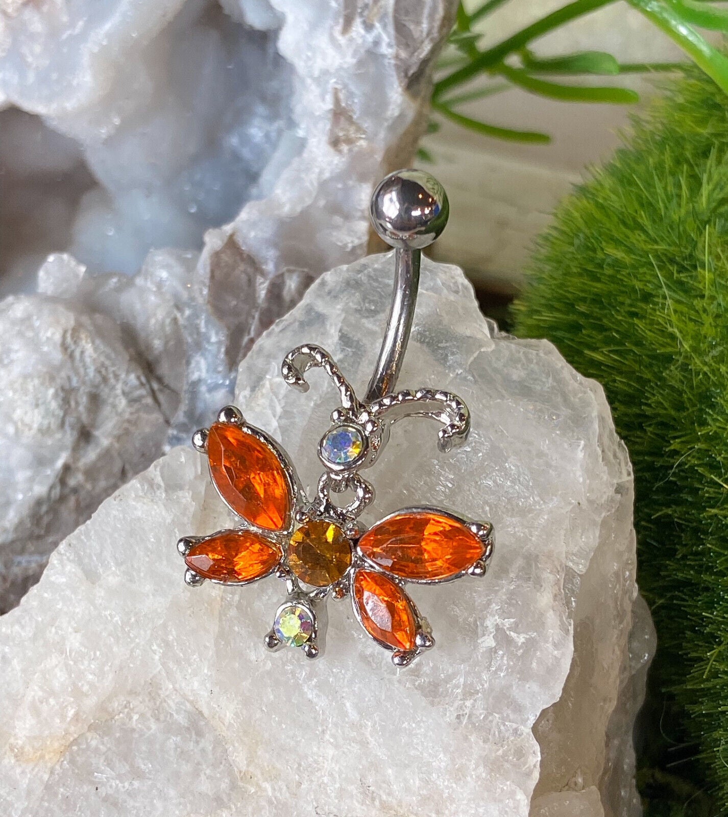 1pc Unique Butterfly CZ Gem Belly Ring Navel Piercing Pierced Naval Body Jewelry (Color: Orange)