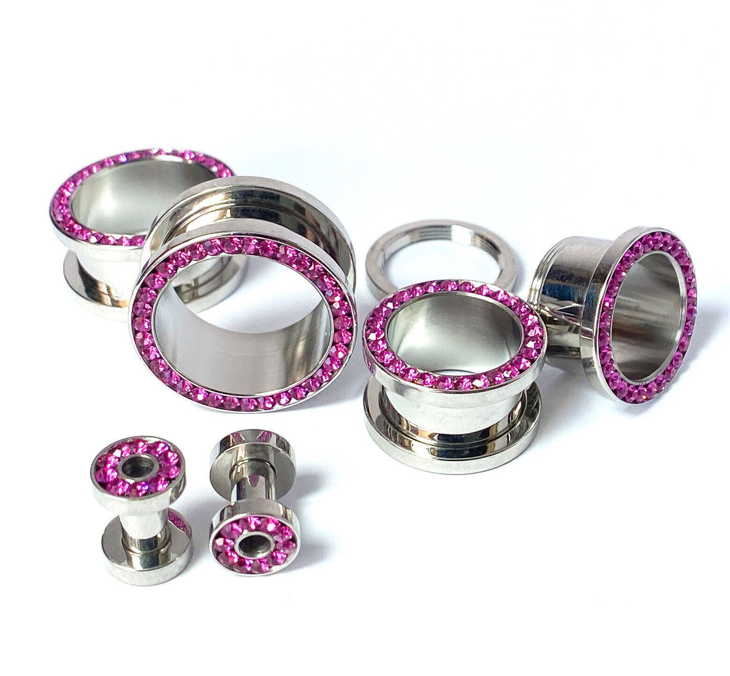 PAIR Fuchsia CZ Gem Rimmed 316L Surgical Steel Screw Fit Tunnels Plugs Gauges