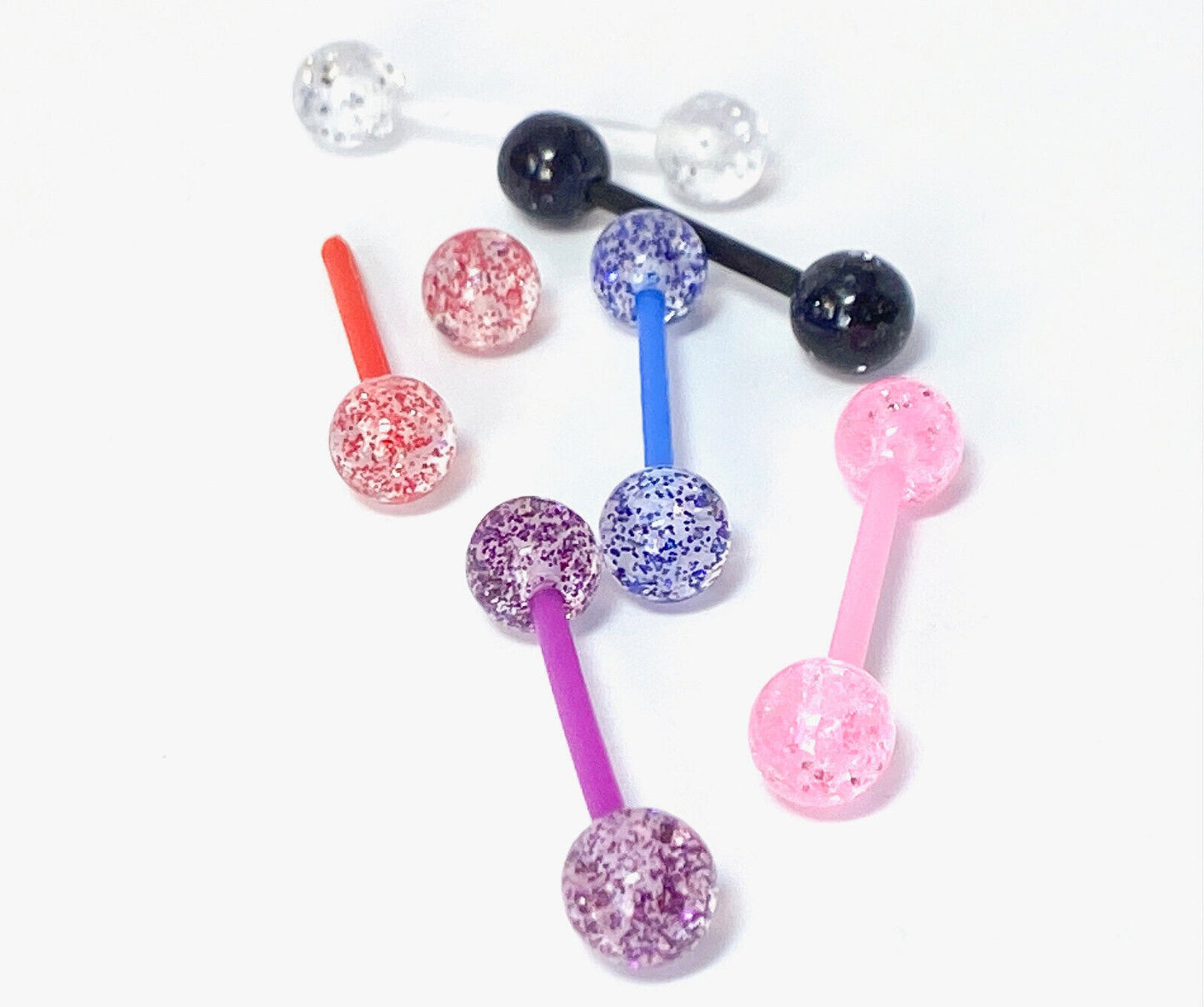6pc Value Pack Super Glitter Balls Tongue Rings 14g Tounge Body Jewelry No Metal