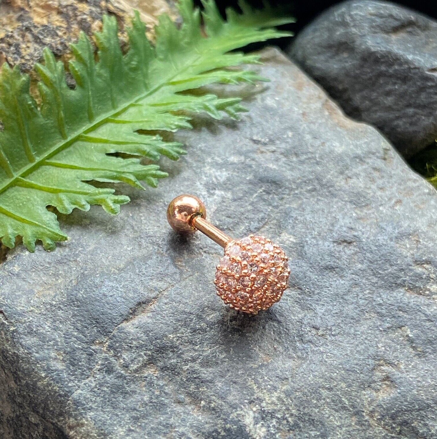 1pc Gem Paved Snowball Surgical Steel Tragus Cartilage Barbell Ring 16g 1/4" (Color: Rose Gold)