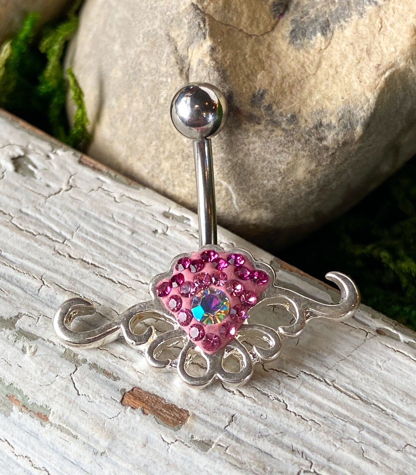 Tribal Crystal Explosion Pink Gem Belly Ring Navel Piercing Pierced Naval