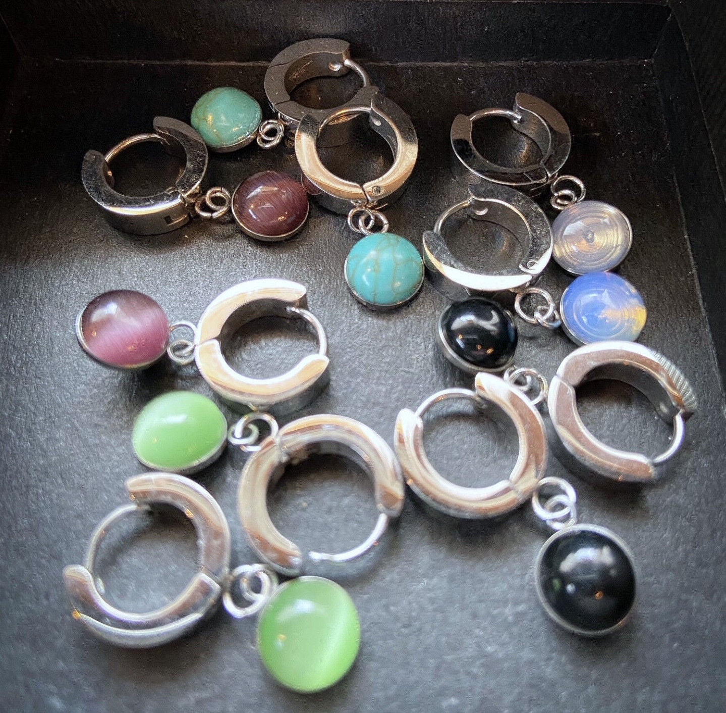 PAIR of Hinged Hoop Earrings Semi-Precious Stone Dangle 20g 316L Stainless Steel