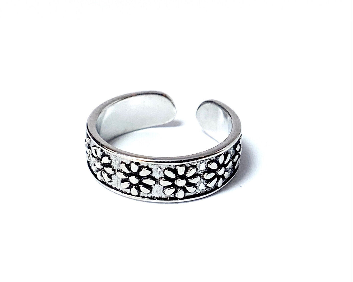 Antique Silver Lined Flowers Adjustable Mid Ring / Toe Ring