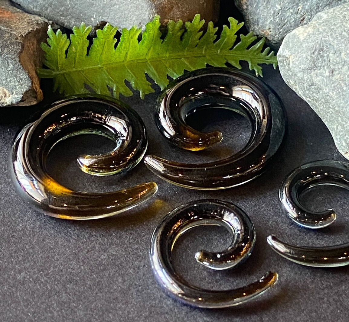 PAIR Blue Glitter Foil Glass Spiral Tapers Expanders Plugs Gauges Body Jewelry