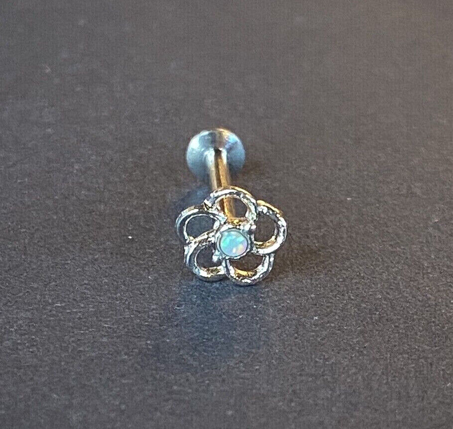 1pc Opal Center Flower 16g Internally Threaded 1/4" or 5/16" Steel Labret Monroe (Color: White)