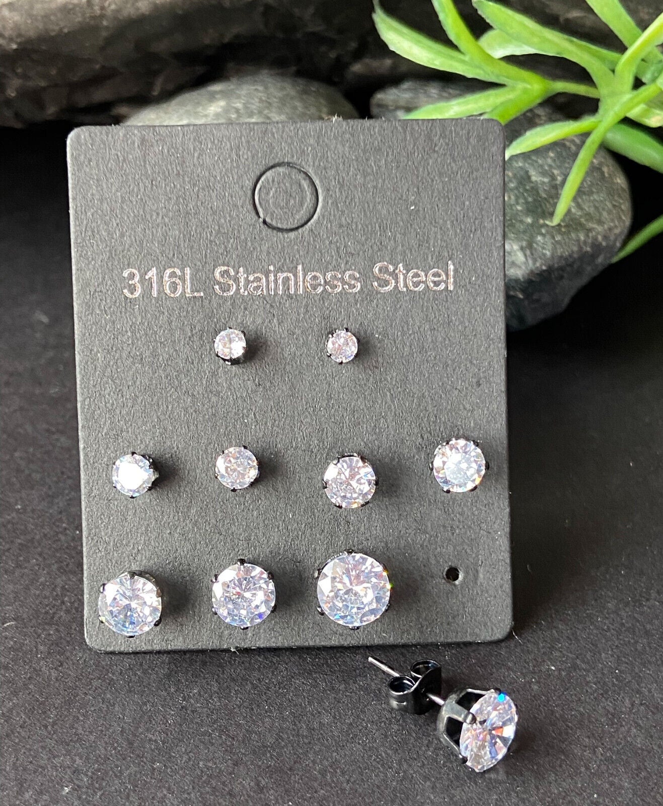 5 PAIR CZ Gem Stud Earrings 316L Stainless Steel retail / display peggable card (Color: Black/Clear)