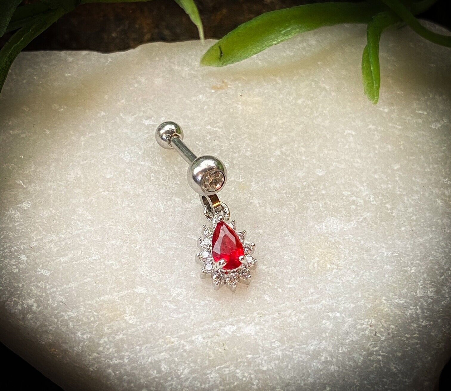 1pc CZ Gem Pear Dangle Surgical Steel Tragus Cartilage Barbell Ring 16g 1/4 (Color: Red)