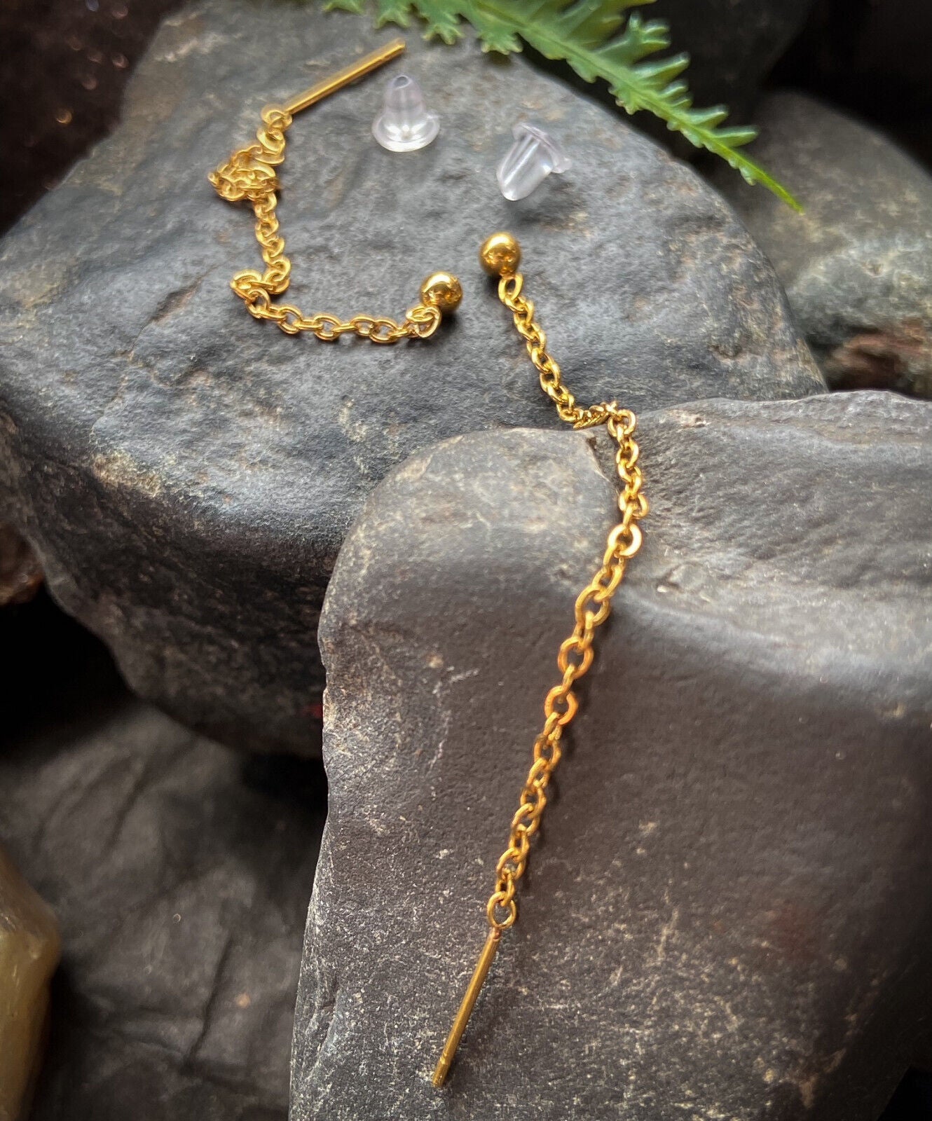 PAIR of Single Chain Free Falling Bar IP Stainless Steel 20g Earrings (Color: Gold)