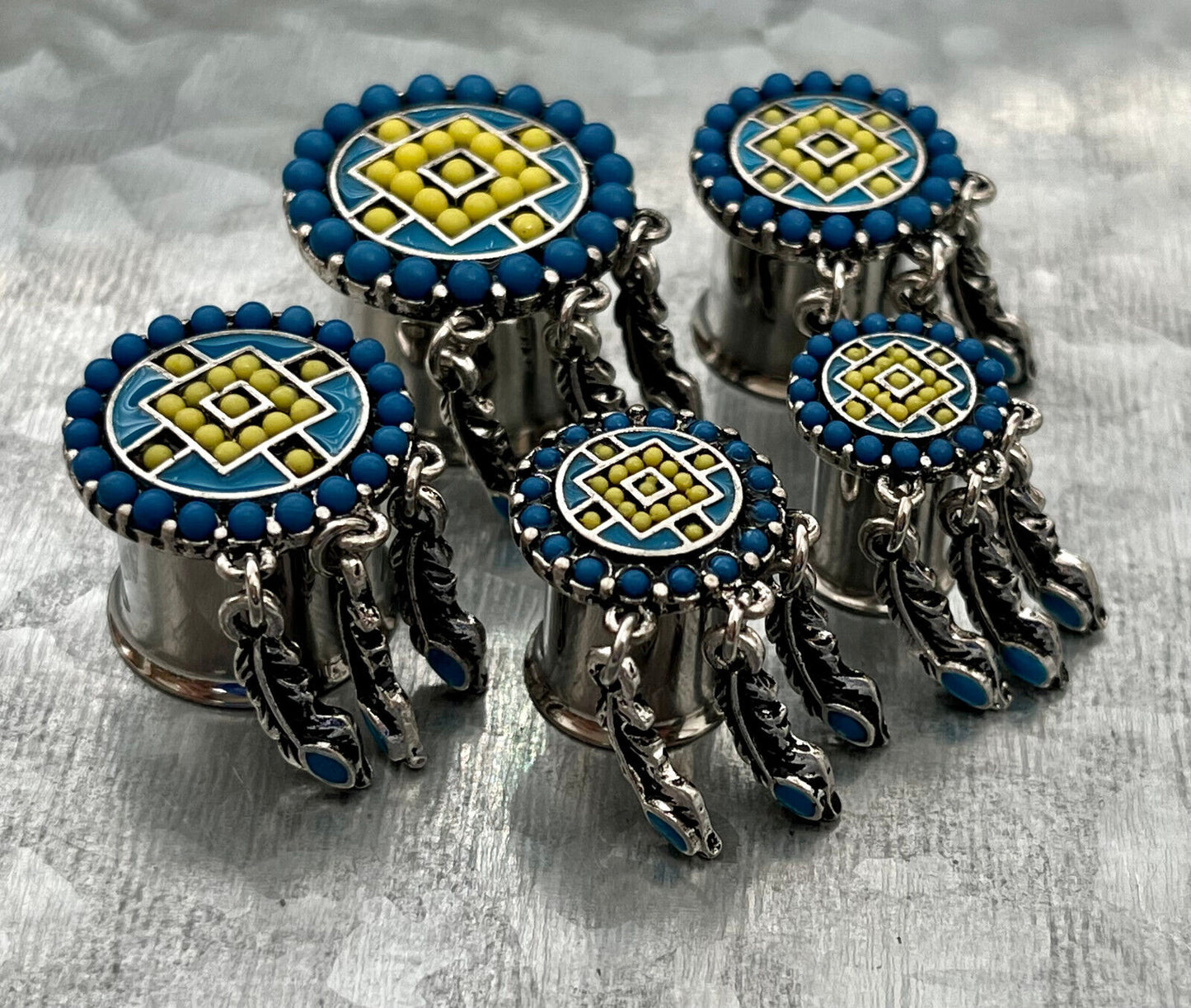 PAIR Aztec Turquoise Dream Catcher Dangle Double Flare Tunnel Plugs Gauges