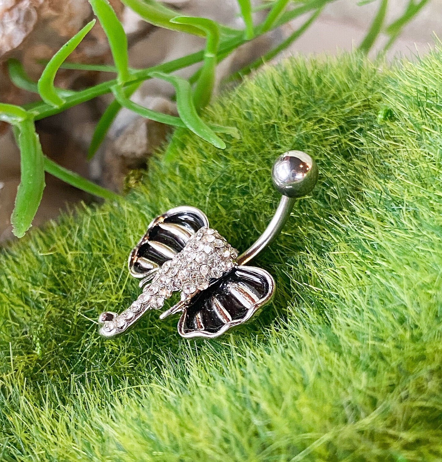 1pc Elephant Belly Ring Pierced Navel Paved Gem Black Enamel Ears Naval Piercing