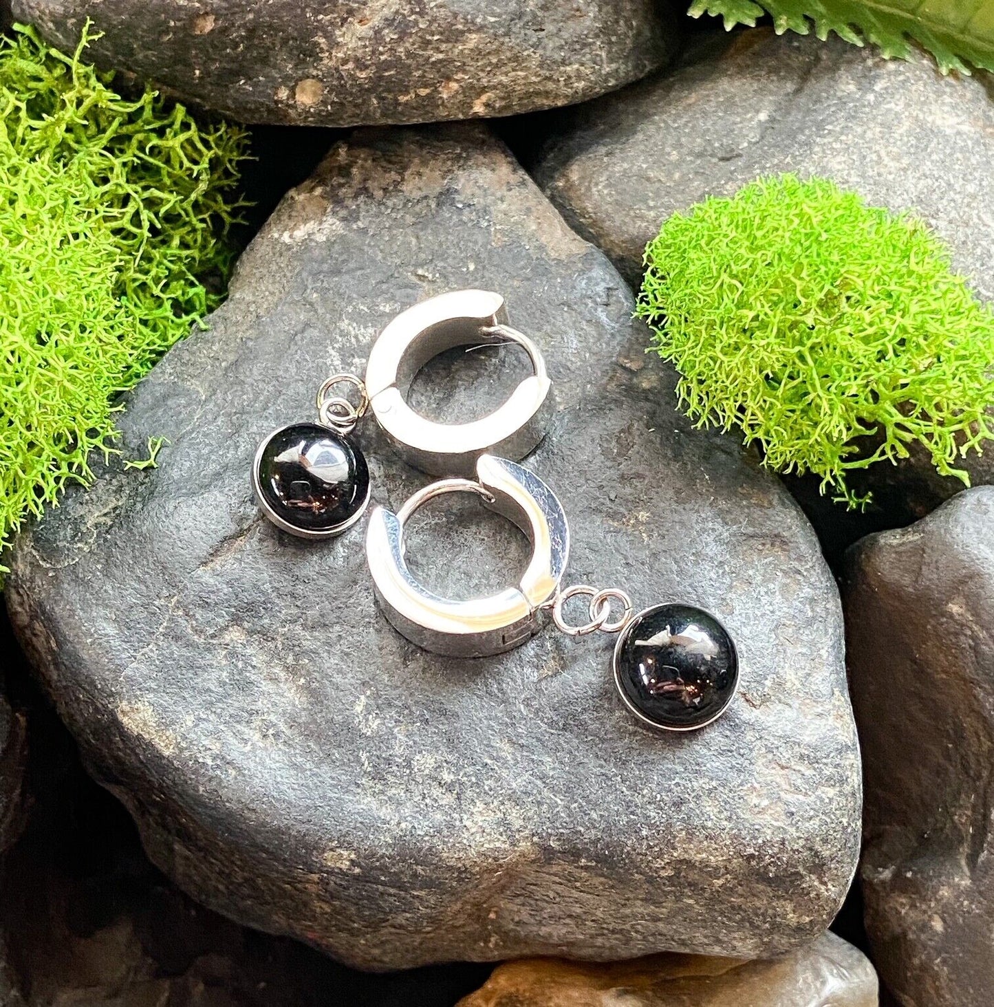 PAIR of Hinged Hoop Earrings Semi-Precious Stone Dangle 20g 316L Stainless Steel (Dangle Stone: Black Agate)