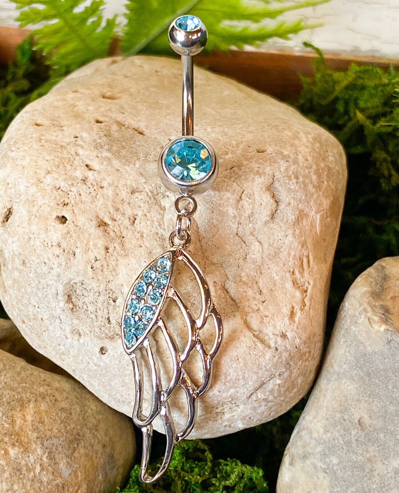 Angel Wing Belly Ring Paved CZ Gems Pierced Navel Piercing Pierced Naval Jewelry (Color: Aqua)