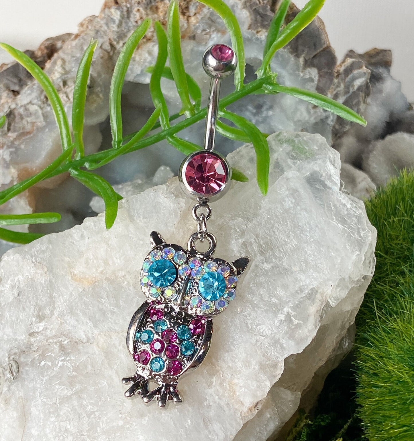 Owl Multi Colored Paved CZ Gem Belly Ring Navel Piercing Pierced Naval Jewelry