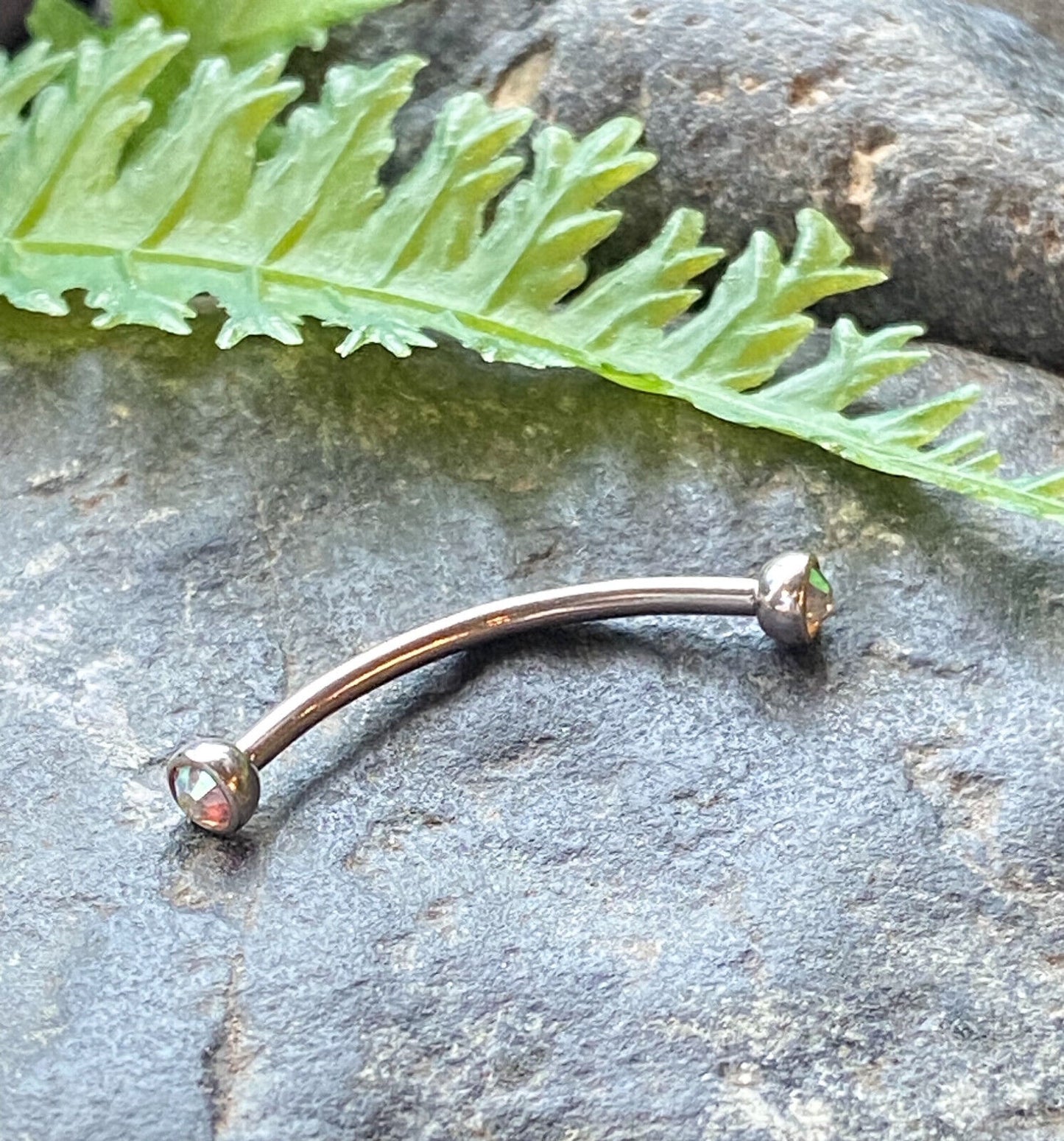 1pc Snake Eye Piercing Curved Barbell Tongue or Eyebrow Ring Double Gem 16g 9/16 (Color: Aurora Borealis)