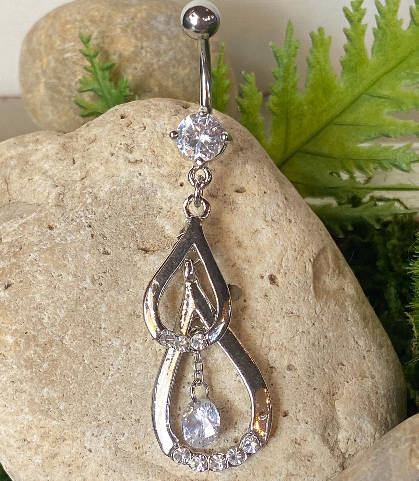 Double Teardrop CZ Gem Belly Ring Navel Naval Clear, Pink, Purple (Color: Clear)