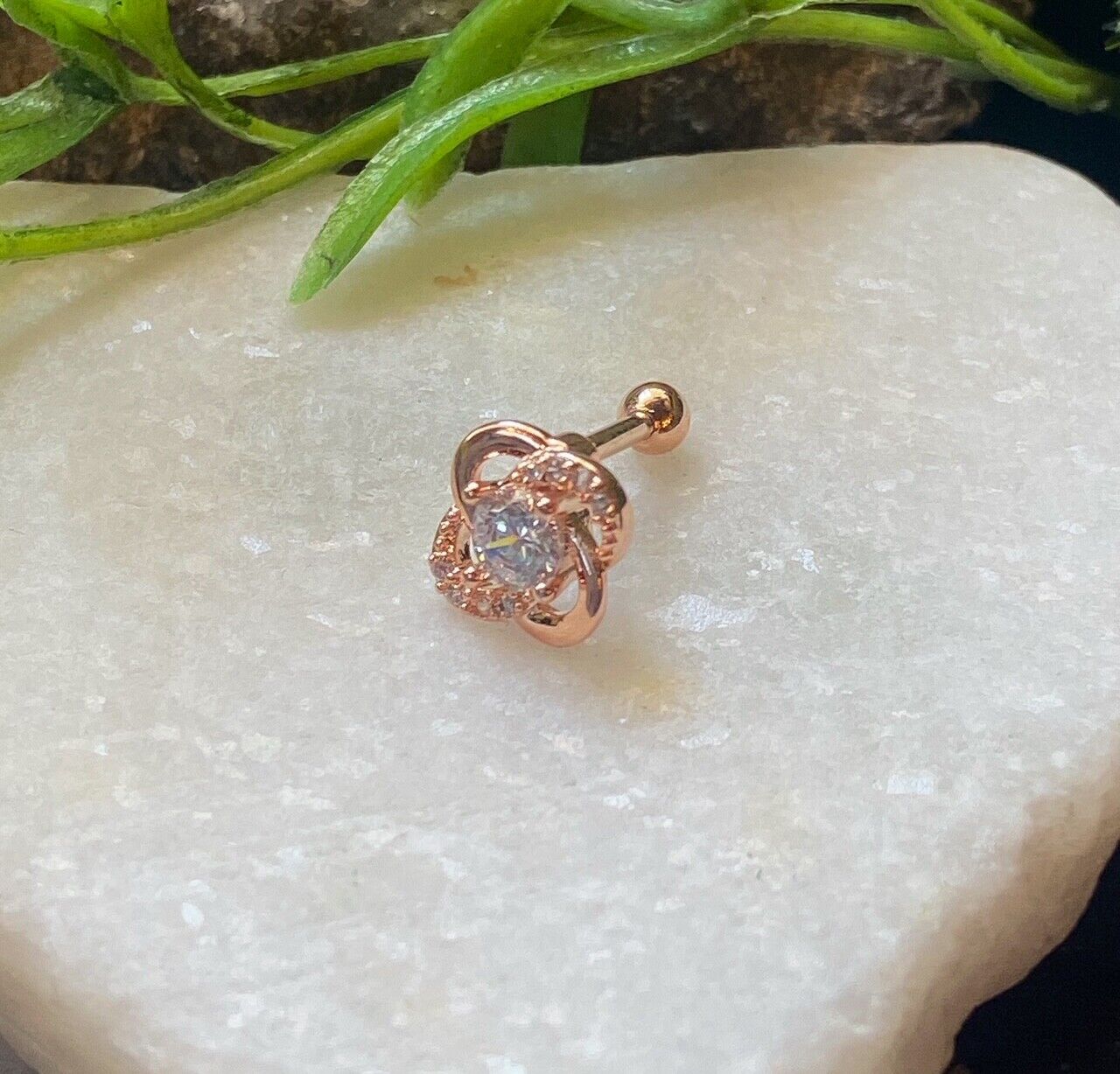 1pc Paved Gem Flower Tragus Cartilage Barbell Stud Body Jewelry Ring 16g 6mm (Color: Rose Gold)