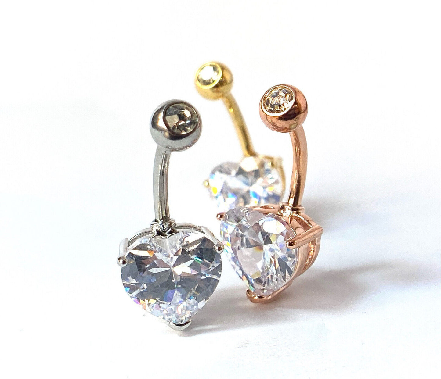 3pc Value Pack Heart Prong Set CZ Gem Gold Plated Steel Belly Rings Navel Naval (Gem Diameter: 10mm)