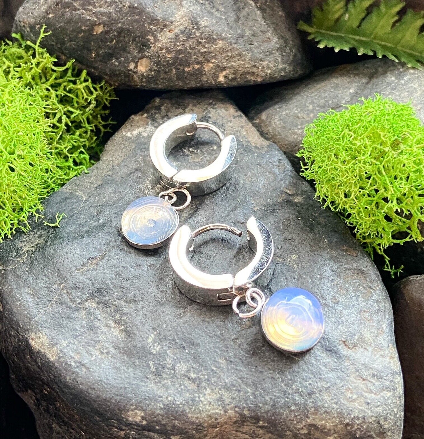 PAIR of Hinged Hoop Earrings Semi-Precious Stone Dangle 20g 316L Stainless Steel (Dangle Stone: Opalite)