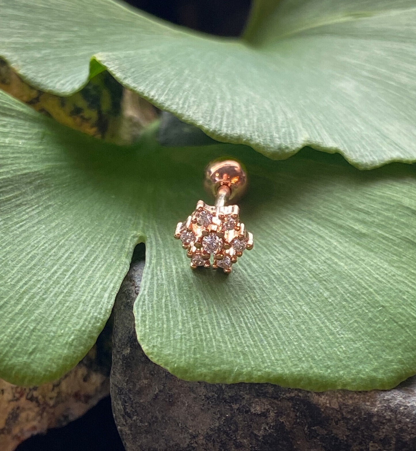 1pc Gem Snowflake Surgical Steel Tragus Helix Cartilage Barbell Ring 18g 1/4" (Color: Rose Gold)