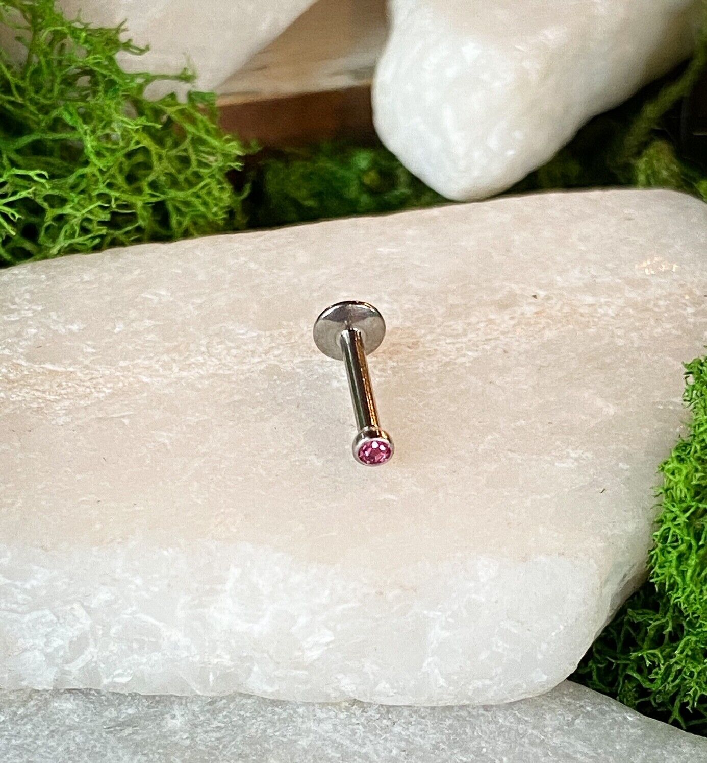 1pc Grade 23 Titanium Internally Threaded 16g Labret Monroe with Press Fit Gem (Color: Pink)