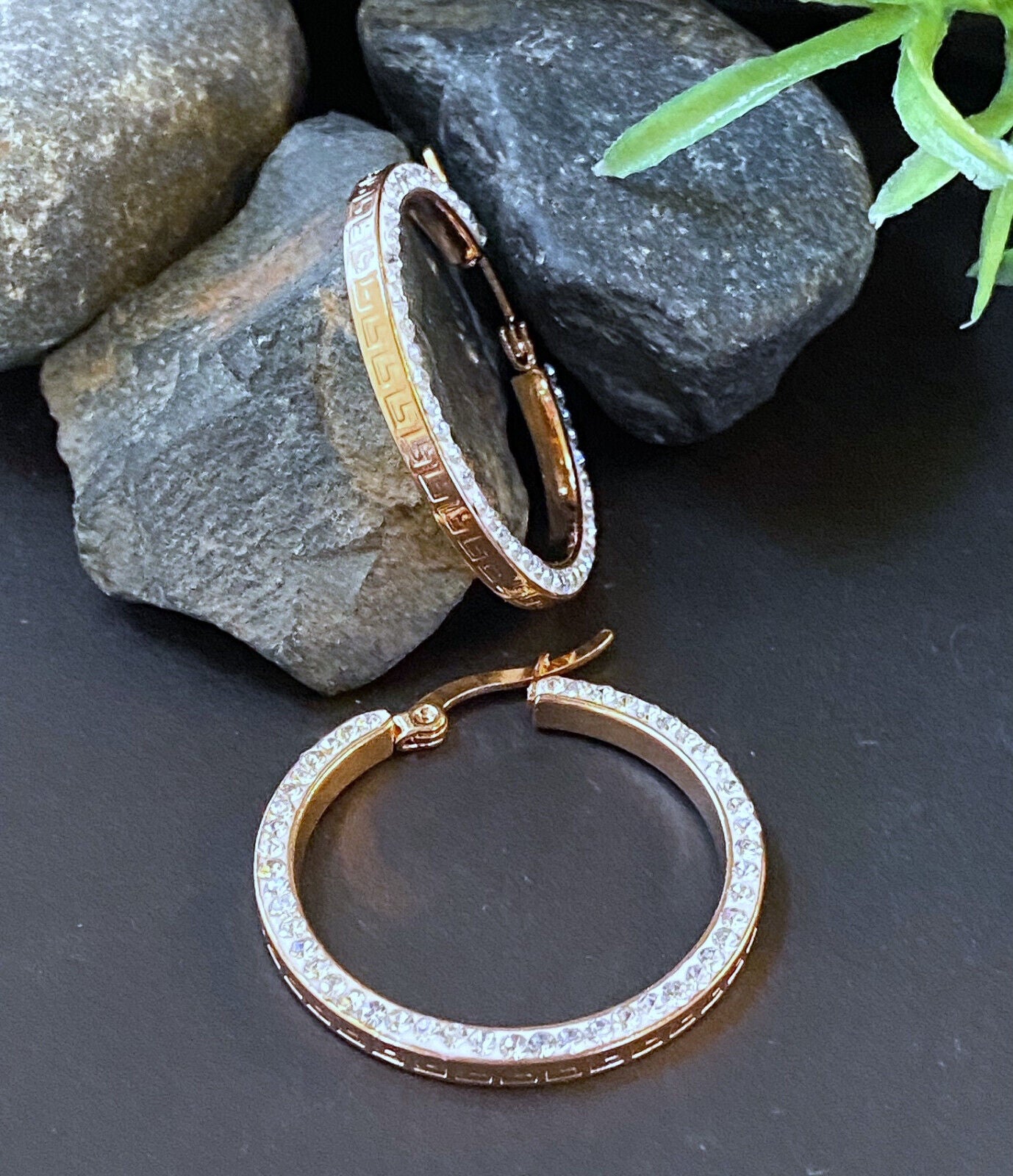 PAIR of Maze Hoop w/ Crystal Gem Paved Outer Side Earrings 20g Stainless Steel (Color: Rose Gold)