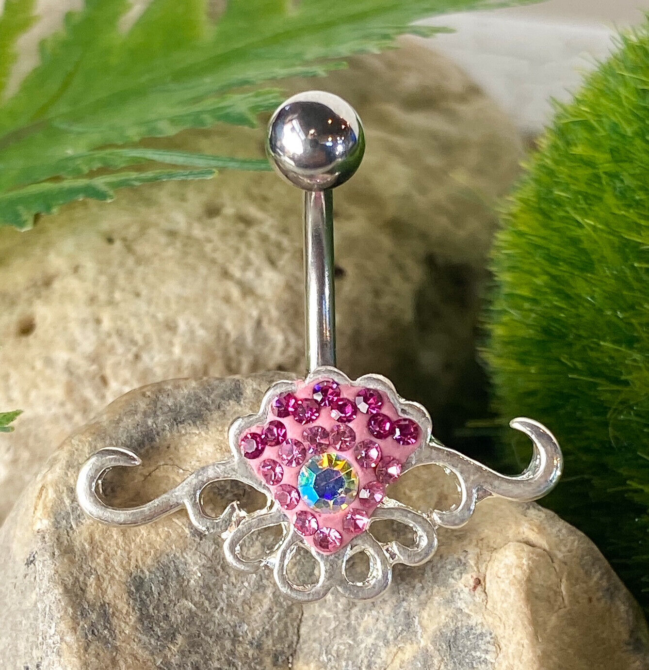 Tribal Crystal Explosion Pink Gem Belly Ring Navel Piercing Pierced Naval