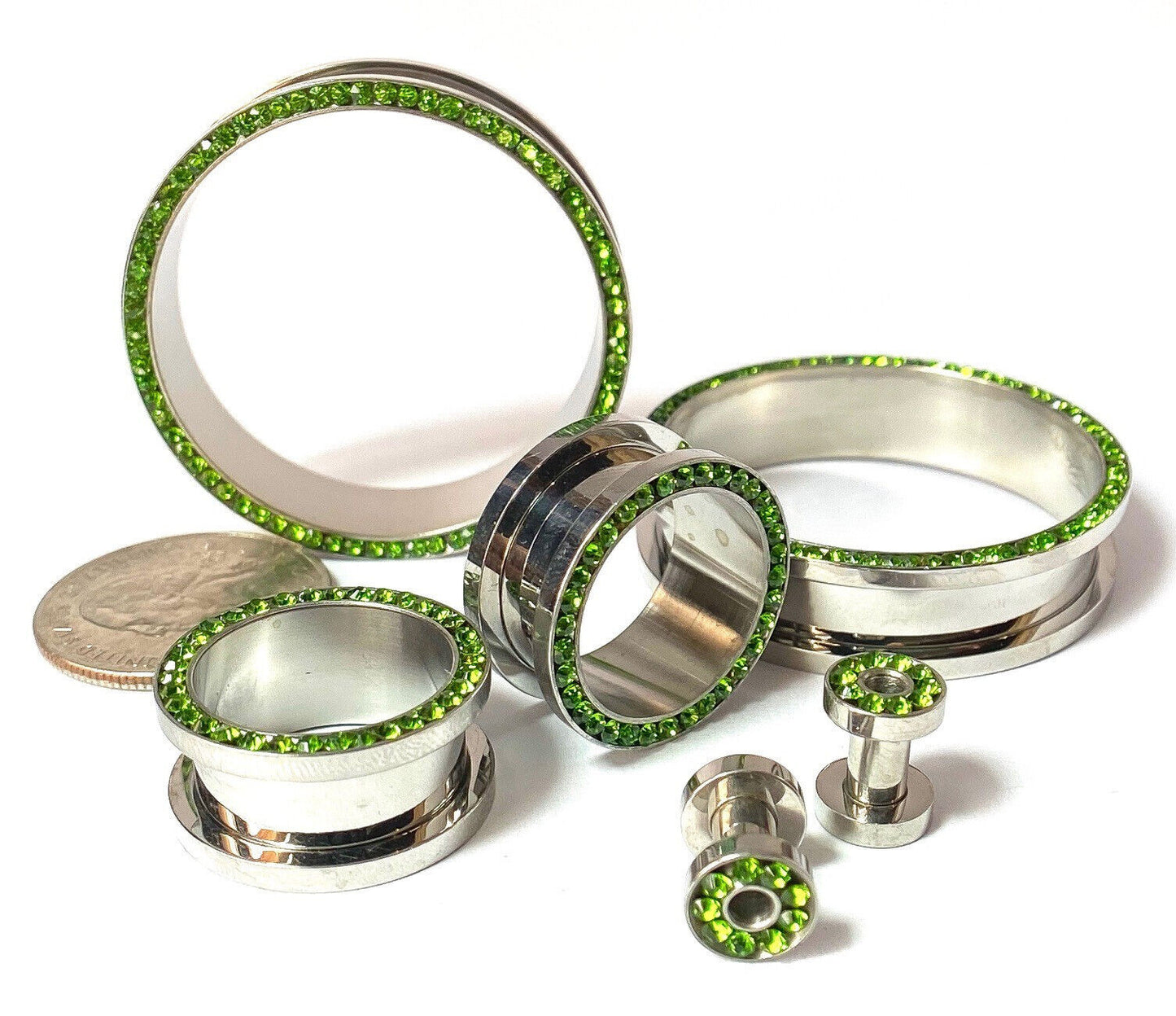 PAIR Peridot Green Gem Rimmed 316L Surgical Steel Screw Fit Tunnels Plugs Gauges