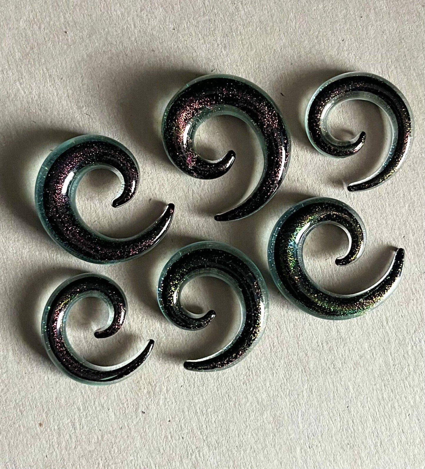 PAIR Purple Glitter Glass Spiral Tapers Expanders Plugs Gauges Body Jewelry