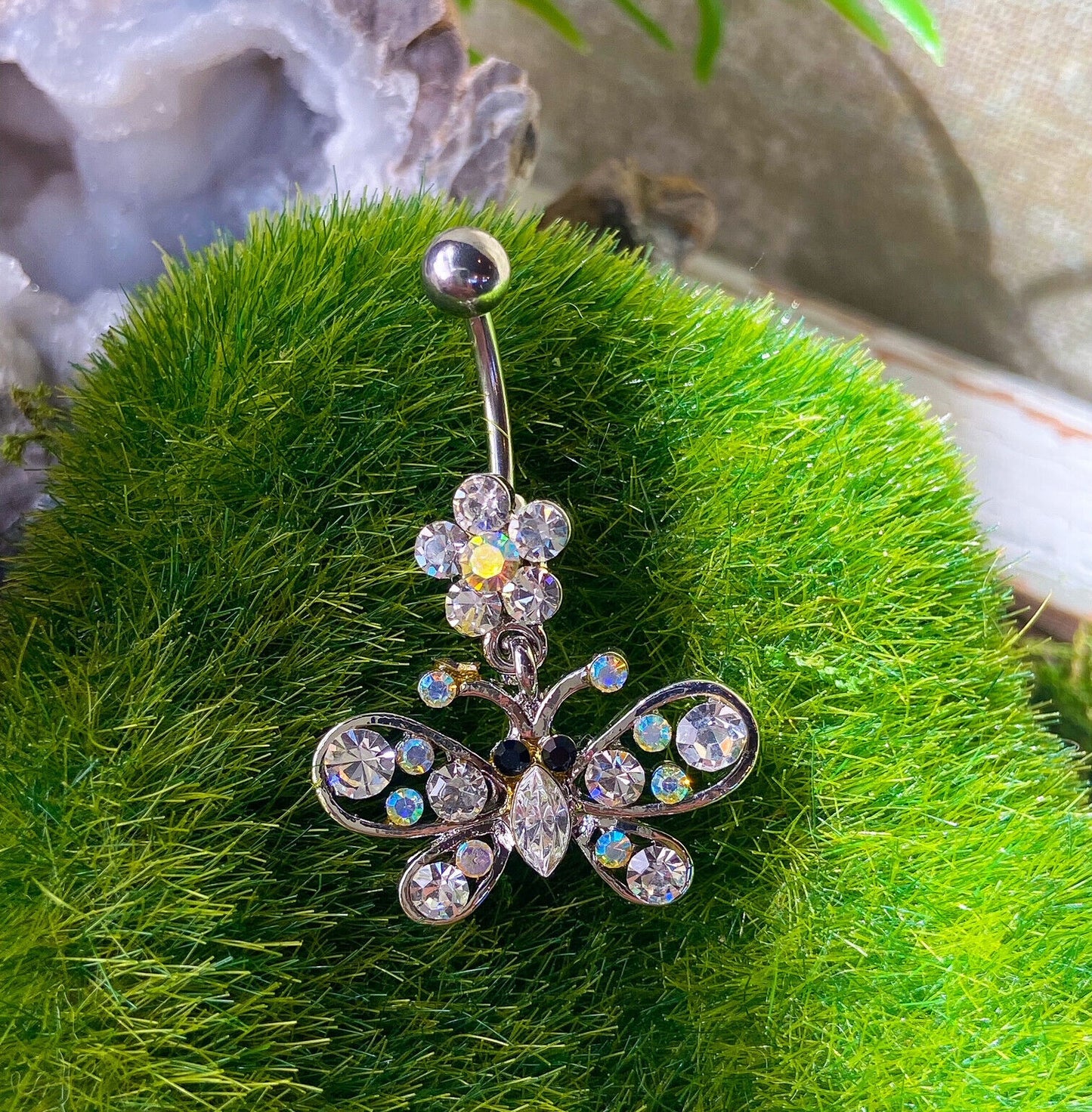 Butterfly Flower Clear AB Gem Belly Ring Navel Piercing Pierced Naval Jewelry