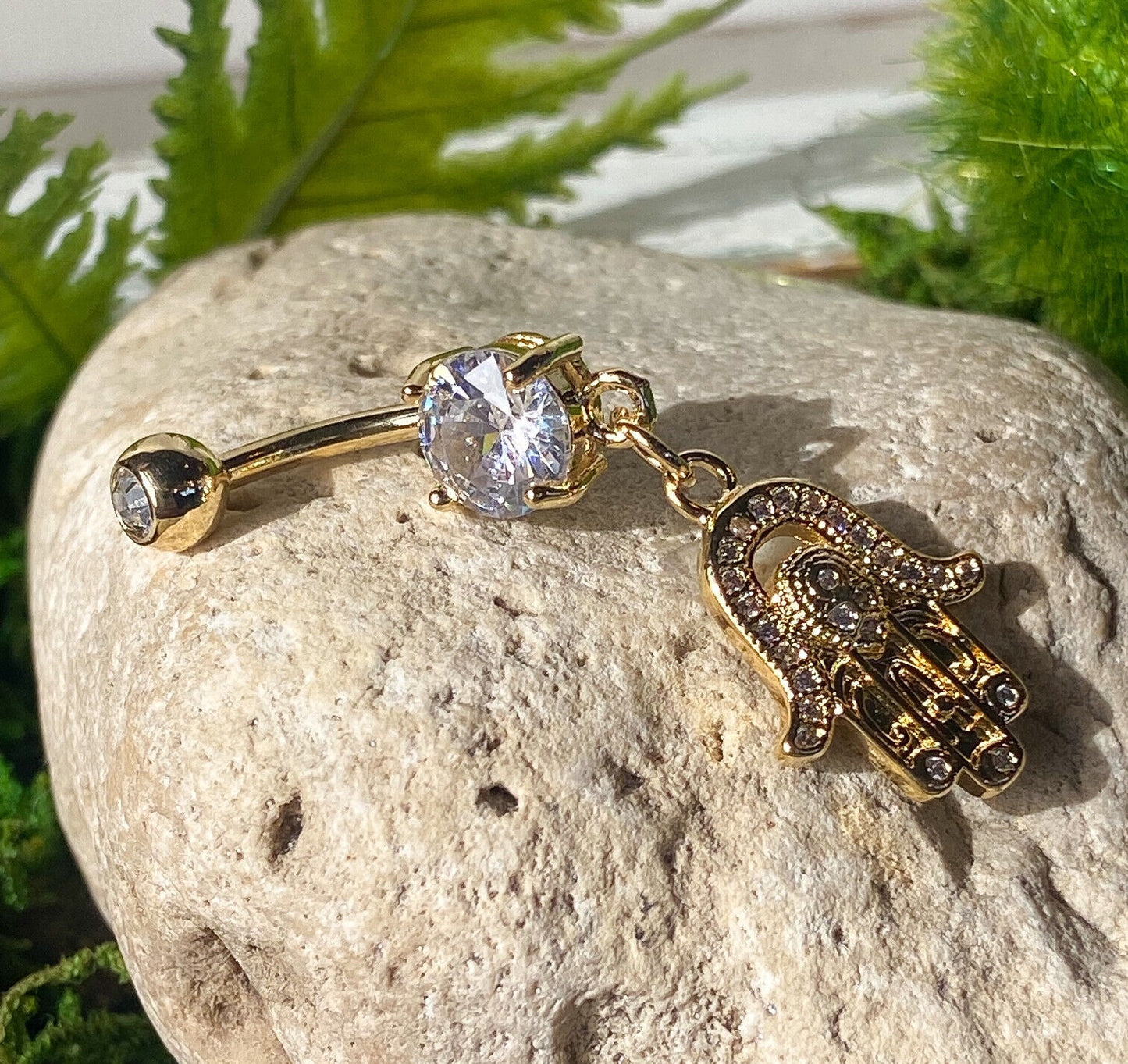 14kt Gold Plated Hamsa Belly Ring CZ Gem Paved Dangle Navel Piercing Naval