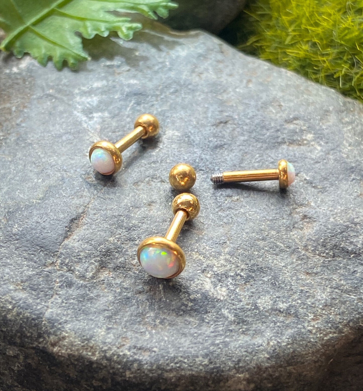 1pc Opal Set Flat Top Tragus Helix Cartilage Ring Barbell 16g 1/4" (Color: Yellow Gold / White)