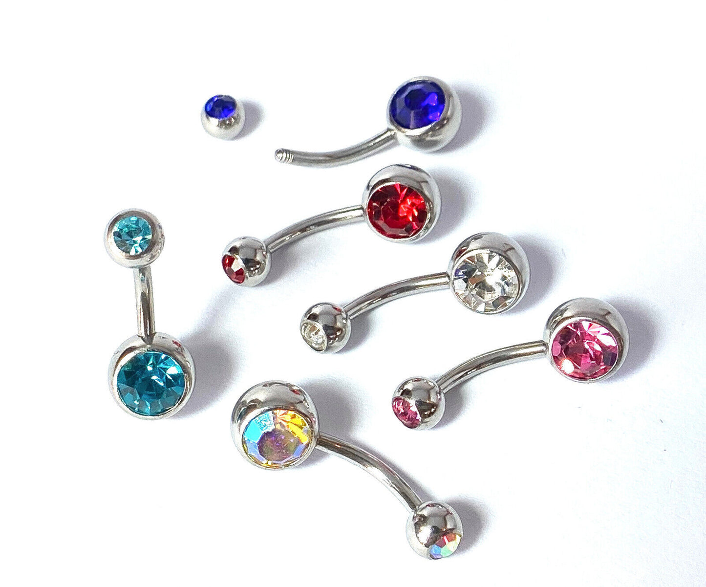6pc Value Pack Double Gem Belly Rings 14g Navel Naval Body Jewelry