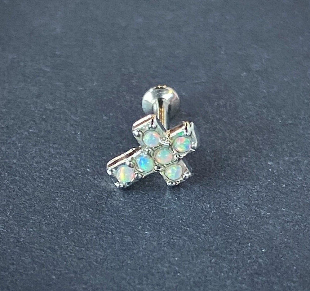 Opal Cross Steel Labret Stud 16g Internally Threaded Helix Daith Tragus Monroe (Color: White)