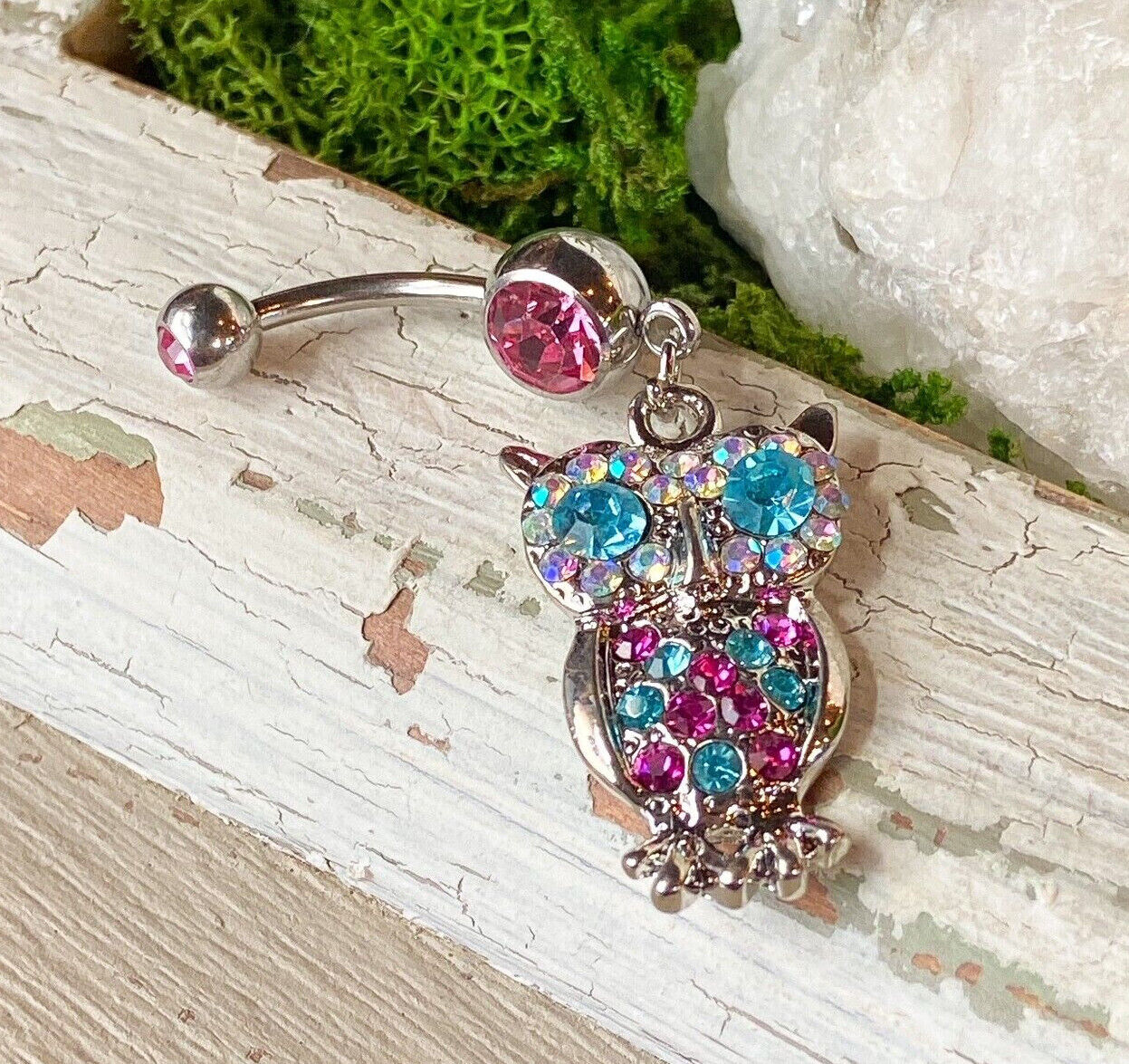 Owl Multi Colored Paved CZ Gem Belly Ring Navel Piercing Pierced Naval Jewelry