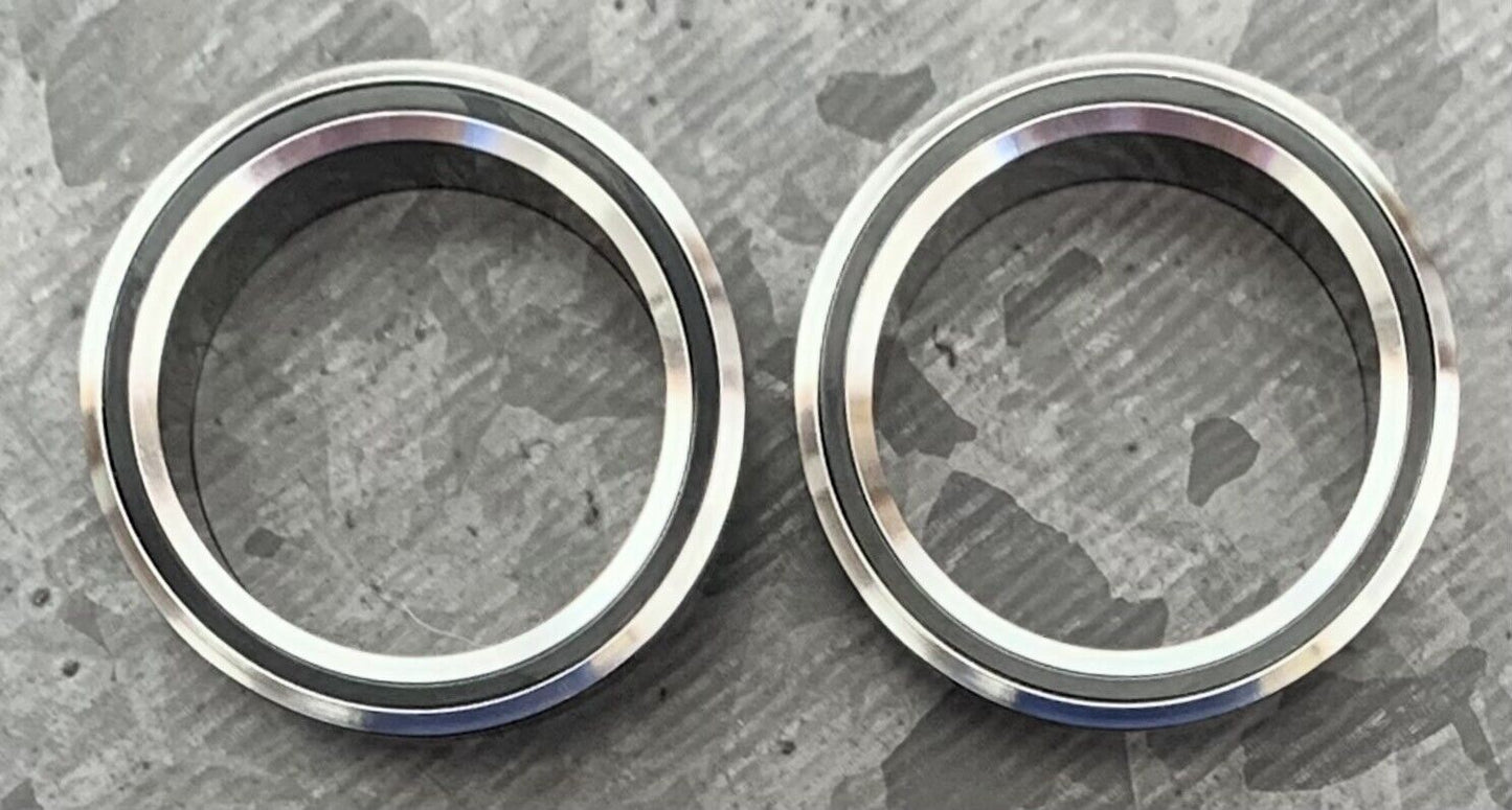 PAIR Black and Silver Rim Screw Fit Tunnels Ear Plugs Earlet Rimmed Gauges