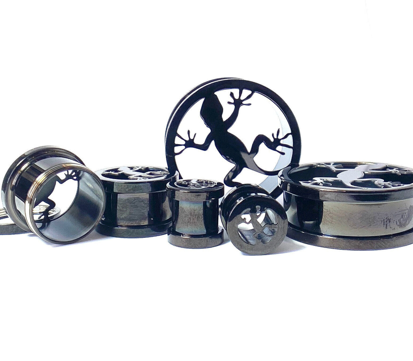 PAIR Black Lizard Steel Screw Fit Tunnels Plugs Earlet Gauges Gecko Body Jewelry