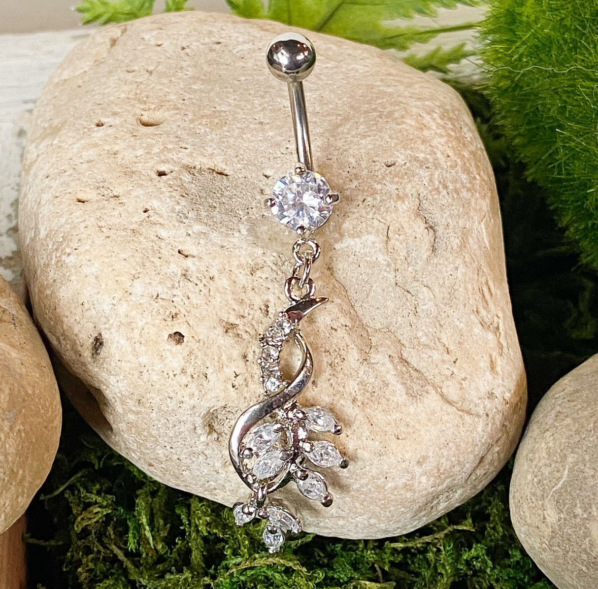 1pc Vine Dangle CZ Gem Belly Ring Navel Piercing Naval 14g 316L Surgical Steel (Color: Clear)
