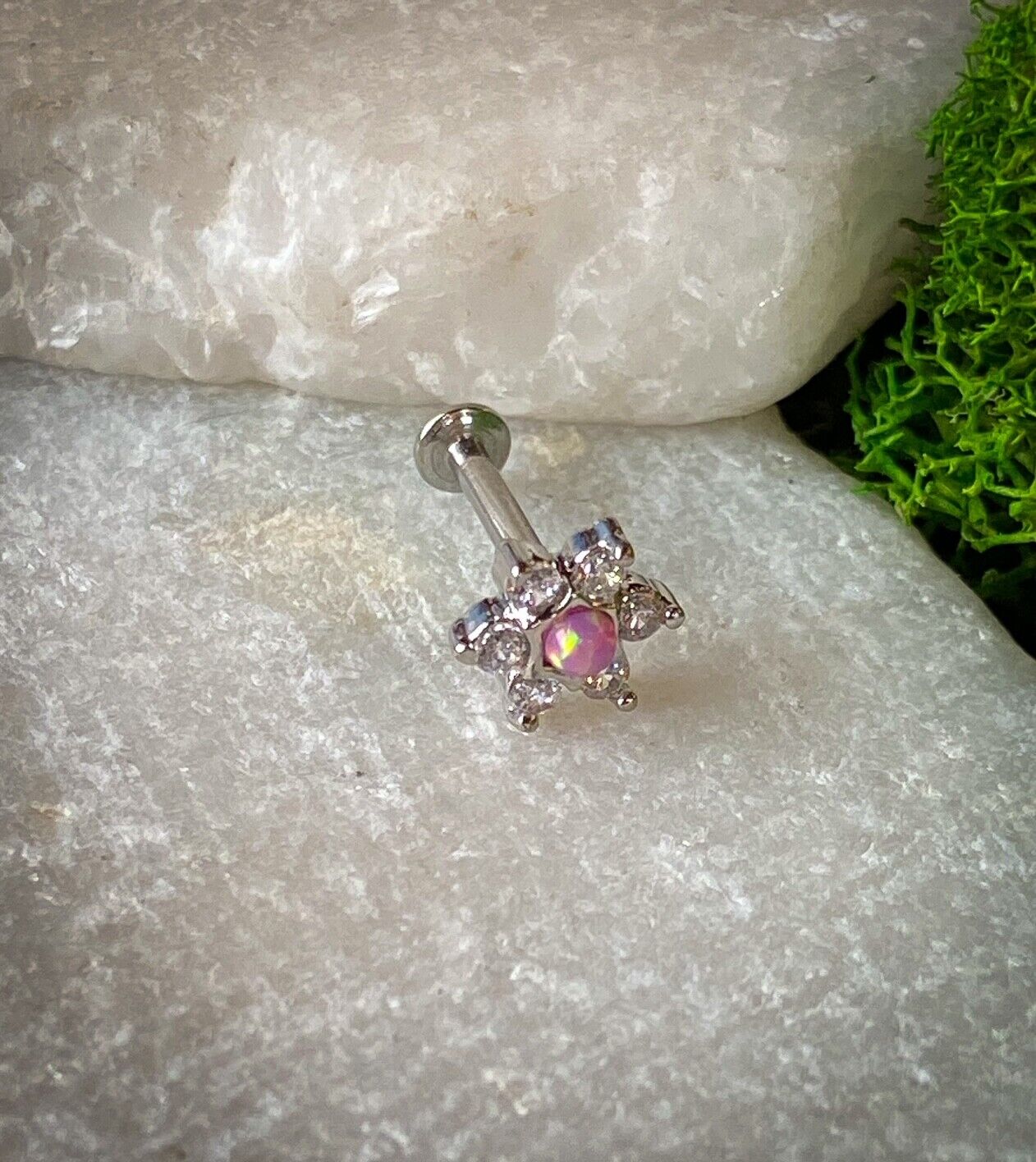 1pc Opal & CZ Star 16g Internally Threaded 1/4" or 5/16" Steel Labret Monroe (Color: Pink)