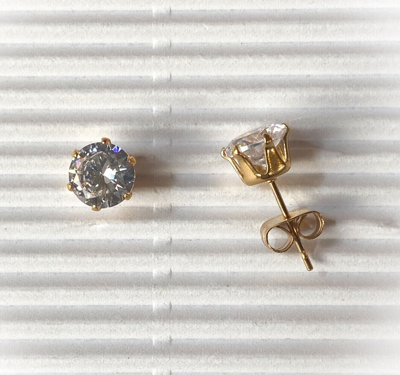 PAIR Gold Ion Plated Stud Earrings Prong Set Round Clear Gem 316L Surgical Steel